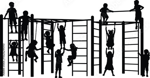 Silhouettes of children playing on playground monkey bars, swings, and ladders, active kids exercising, climbing, hanging and enjoying outdoor activity