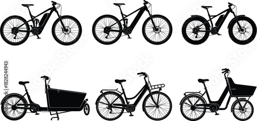 Silhouettes of electric mountain bikes, fat tire e-bikes, cargo bikes, and city e-bikes for transportation, mobility, eco-friendly cycling and design projects