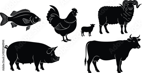 Silhouettes of farm animals including fish, chicken, sheep, lamb, pig and cow, detailed vector illustrations for agriculture, livestock and farming design