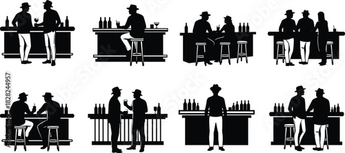 Silhouettes of people drinking at bar counters, talking, socializing and sitting on stools, bar scene illustration for nightlife, pub and restaurant concepts