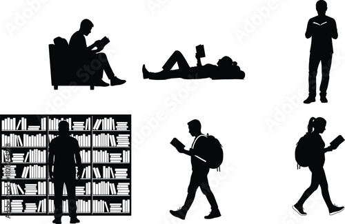 Silhouettes of people reading books in various poses, including walking, sitting, lying down, and studying in library scenes for education design