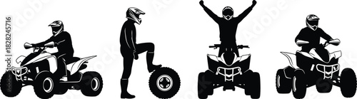 Silhouette set of ATV riders performing off-road driving, posing with quad bike, celebrating victory and extreme motorsport actions for outdoor adventure graphics