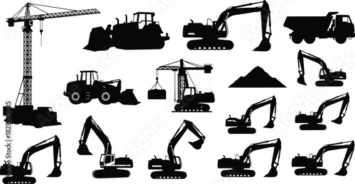 Silhouette set of construction machinery including excavators, cranes, bulldozers, dump trucks and loaders for building, industrial equipment, heavy machinery illustration design
