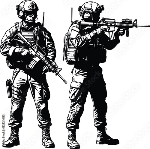 Two military soldiers in tactical gear with assault rifles vector illustration, special forces armed figures, army, war, and defense concept, detailed black and white security graphic art.