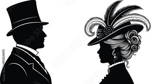 Victorian era man and woman profile silhouette vector illustration, vintage elegant couple portrait, gentleman in top hat, lady with feathered hat, retro classic style, isolated drawing.