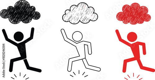 Person running under cloud illustration showing stress, pressure and emotional struggle in silhouette, outline and colored versions for mental health themes