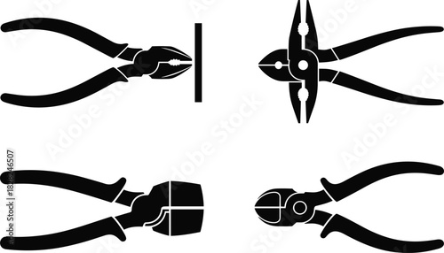 Pliers tool silhouette set featuring cutting pliers, gripping tools, hand tool illustrations, hardware equipment icons for construction, repair, mechanical and industrial design