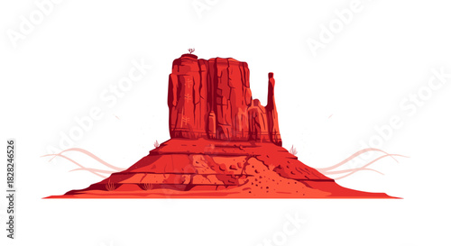 Majestic red rock desert landscape illustration with a prominent mesa, subtle wind effects, and sparse vegetation under a clear sky.