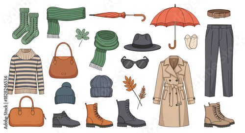 Stylish collection of autumn and winter fashion essentials, including cozy clothes, practical accessories, and various footwear.