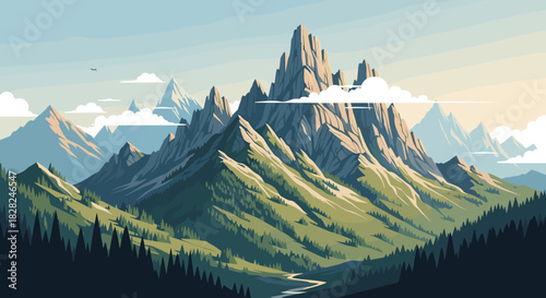 A vibrant mountain landscape with a winding river flowing through dense forests, leading to majestic peaks under a clear sky with soft clouds.