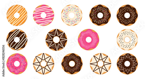 Colorful and tasty glazed ring donuts with different toppings, patterns, and sprinkles arranged in rows on a clean white background.