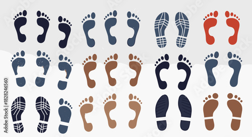 A diverse collection of various human foot and shoe print designs in multiple colors, representing steps and footwear impressions.