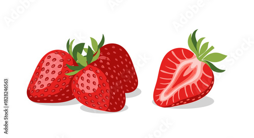 A vibrant illustration of ripe red strawberries, featuring a group of whole berries and one cut in half to reveal its juicy interior.