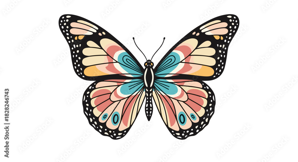 Obraz premium A beautiful illustrative butterfly with colorful wings in a vibrant, artistic style against a white background.