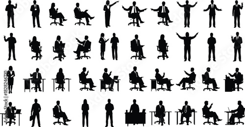 Business people silhouette collection showing office work communication teamwork leadership and corporate activities in various professional poses illustration