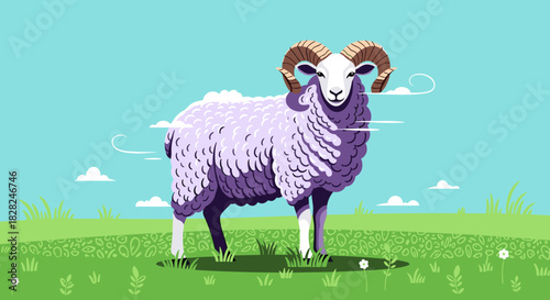 A stylized illustration featuring a majestic purple ram with impressive curved horns standing proudly in a vibrant green pasture under a clear blue sky.