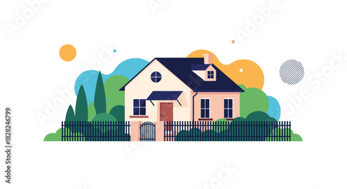 A cozy modern house illustration in flat design style, featuring a dark roof, fence, green garden, and colorful abstract shapes in the sky.