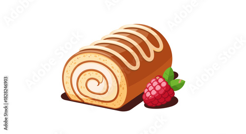 Cartoon illustration of a Swiss roll cake with creamy white filling, garnished with a vibrant raspberry and fresh mint leaves.