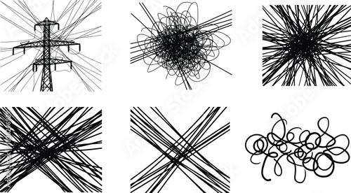 Chaotic abstract power line scribble illustration, dynamic tangled cables and energetic wire patterns in black and white for creative design backgrounds