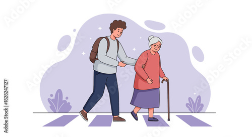 Kind young man helps elderly woman cross street safely with loving support and care, fostering community and intergenerational connection with compassion
