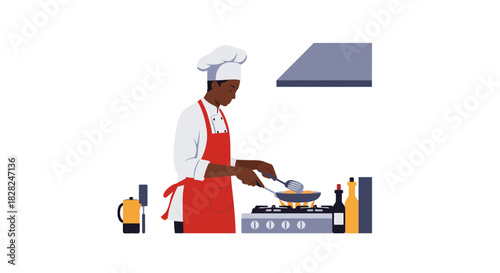 Dedicated chef expertly prepares meal in modern kitchen, stirring with passion and precision for restaurant or culinary blog, food preparation