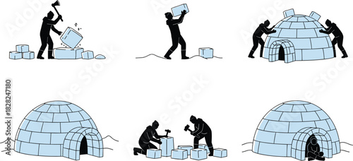Set of igloo building illustrations showing people cutting ice blocks, constructing dome shelter, finished igloo exterior and winter survival scenes