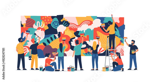 Creative team collaborate on vibrant mural, fostering community spirit and artistic expression, ideal for teamwork and creative project concepts
