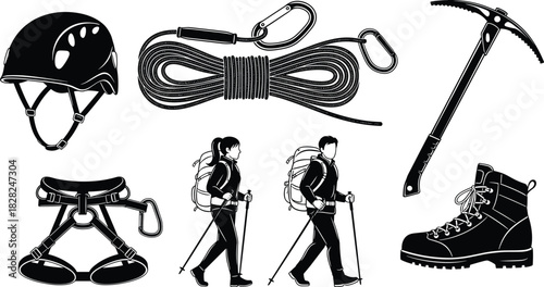 Set of mountaineering and hiking equipment illustrations including rope, harness, helmet, ice axe, boots, and trekking people in black graphics