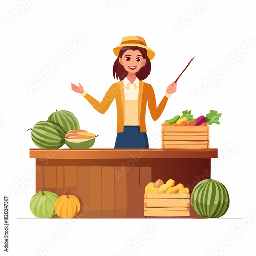 Cheerful woman fruit seller at market stall.