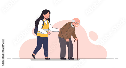 Caring volunteer assists elderly man with walking stick, fostering compassion and community support, promoting intergenerational connections and empathy