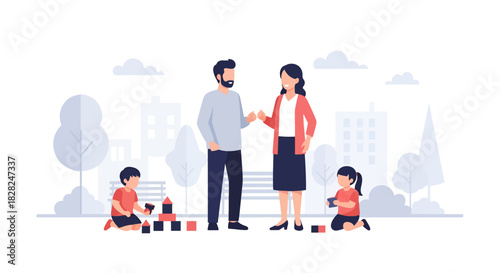 Happy modern family spending quality time together in the park, children playing with blocks, parents smiling, fostering childhood development and family bonds