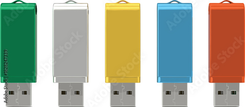 Set of colorful USB flash drives standing in a row, data storage devices illustration for technology, digital memory, and portable storage design
