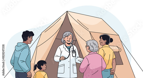 Friendly doctor caring for patients outside tent clinic, offering medical aid and support in challenging times, fostering trust and community well being