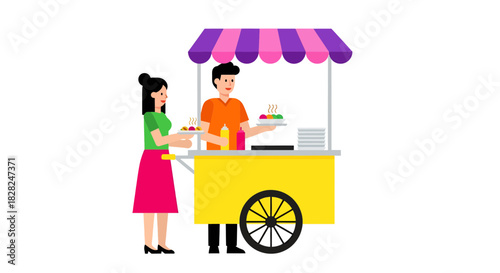 Vibrant food cart scene with friendly vendors serving delicious treats, perfect for showcasing local cuisine and street food culture, a vector based creation