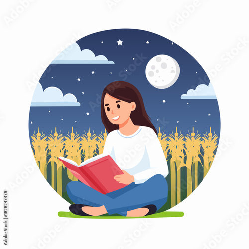 Young woman reading a book under a night sky.