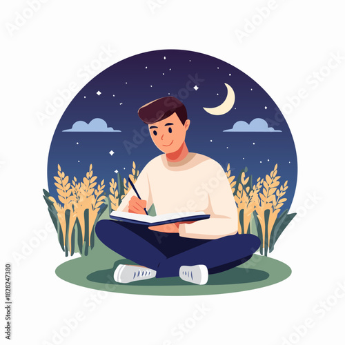 Young man writing in notebook under night sky with stars.