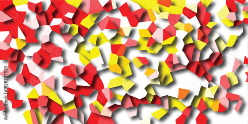 Lively abstract pattern of scattered red, yellow, and white geometric shapes with a distinct 3D layered effect and pronounced shadows on a clean white background