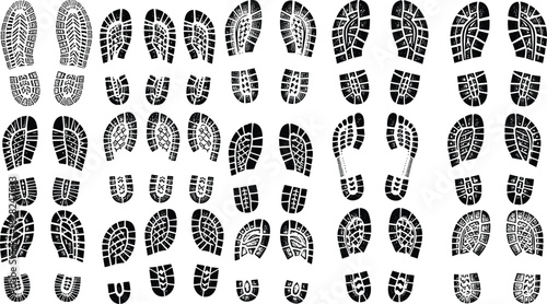 Shoe print vector set, boot footprints collection, grunge sole patterns, walking trail marks, textured shoe tread designs, black silhouette footmarks