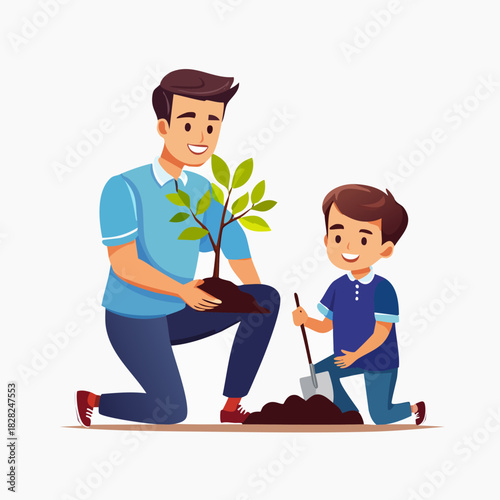 Adult man planting a sapling with a young helper.