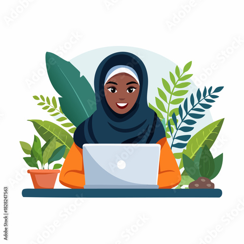 Woman in Hijab Working on Laptop Portrait.