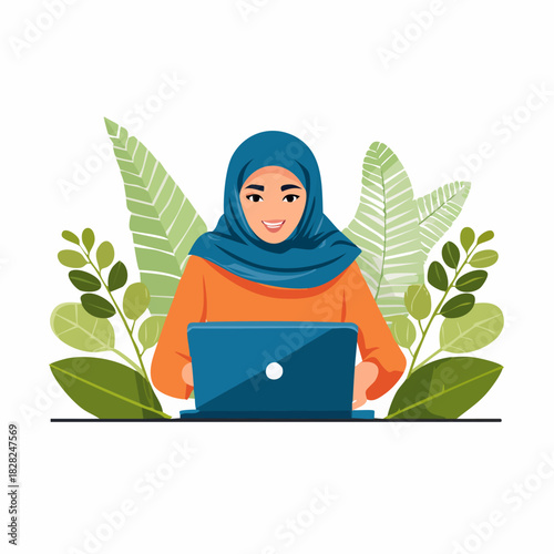 Woman in hijab using laptop among plants and greenery.