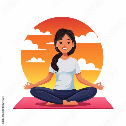 Young woman practicing yoga meditation on mat.