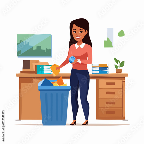 Woman disposing waste into recycling bin beside desk.