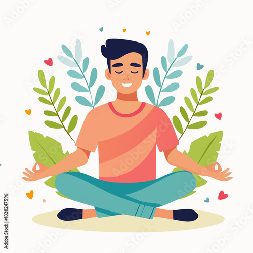Young man meditating peacefully in nature plants.