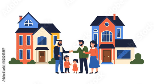 Friendly neighbors meet and greet between their houses, families connect in the suburbs and build community relationships, great for real estate