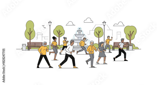 Diverse group jogging together in the park, promoting health and wellness with fountain and trees, ideal for fitness blogs and community campaigns