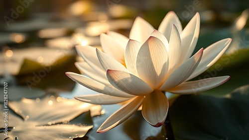 patera. Water lily petals unfolding at dawn with morning dew on serene pond. gardening catalogs, home-decor guides, designed for gardening and botanical catalogs, used by ngo communicators.