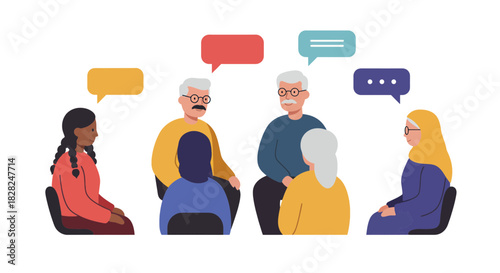 Diverse group therapy session for mental wellness with thought bubbles for communication, creating a supportive environment for emotional healing and growth