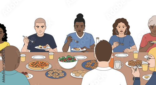 Diverse group enjoying a meal together around a table filled with food and drinks, celebrating friendship and community at a shared feast, vector design