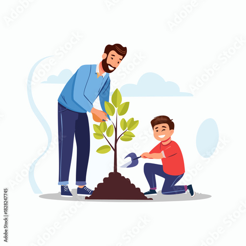 Two men planting a sapling together.